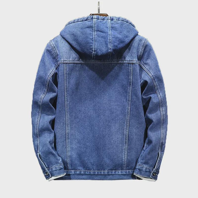 Men's Thick Warm Hooded Denim Jacket with Imitation Lambskin