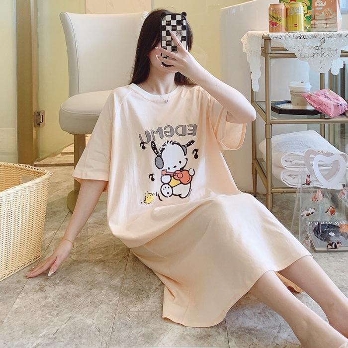 Women's Plus Size Summer Cartoon Nightdress – Lightweight, Round Neck, Short Sleeves, Mid-Length
