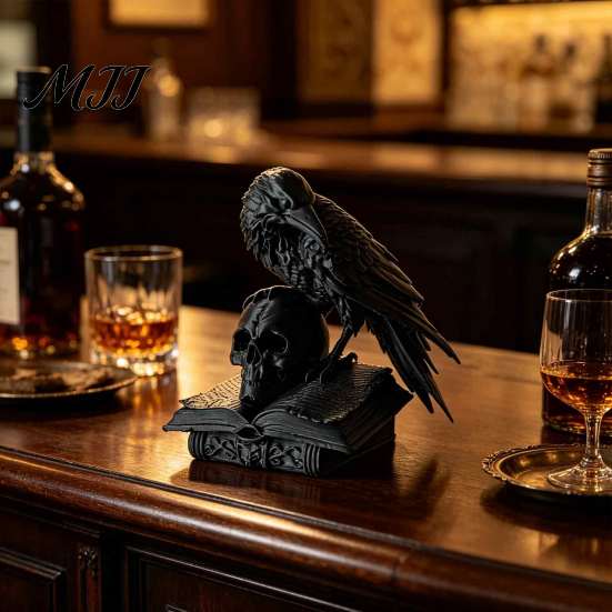 Statua Teschio Corvo Nero Statua, Statuetta Corvo Gotico Stampata 3D per Scrivania Ornamento Desktop Estetica Oscura Mensola, Arte Spettrale di Halloween