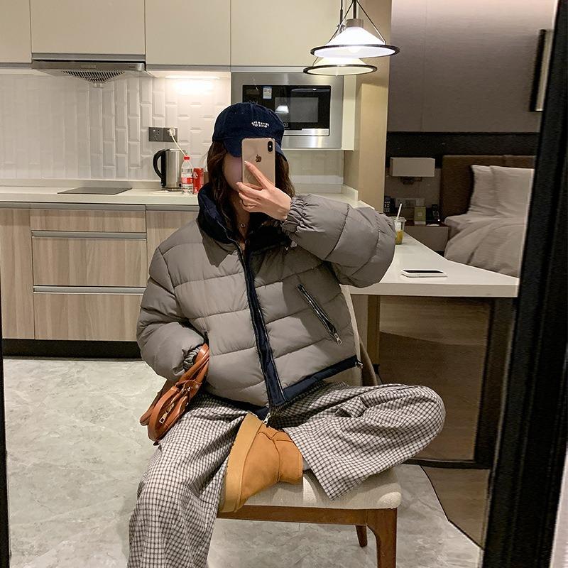 Wear Down Cotton-padded Clothes On Both Sides, Women's Color Matching Stand-up Collar, Short Small Cotton-padded Jacket.