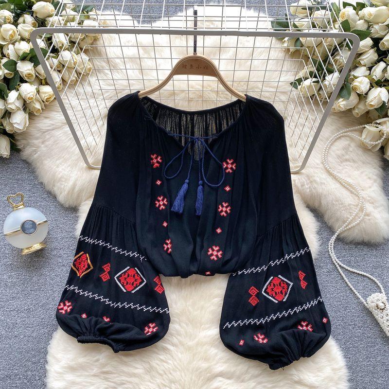 Ethnic Style Puff Sleeves Autumn Lace-up Socialite Shirt