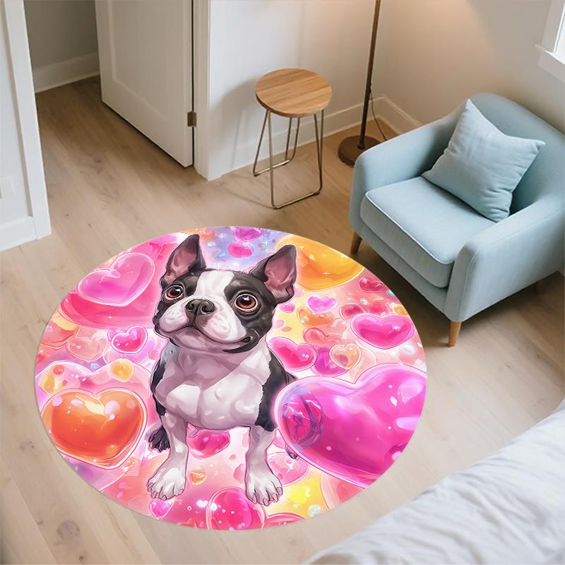Cartoon Boston Terrier pattern round rug,Carpet Rug for Living Room Bedroom  Playroom ,Non-slip Floor Mat,Holiday Gifts and Birthday Gifts.