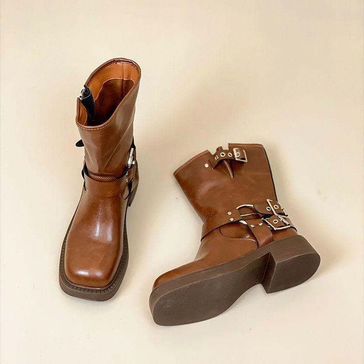 Vintage Boots Western Boots Knight Fashion Boots 2025 Summer But Knee Belt Buckle Thick Heel Brown Martin Boots