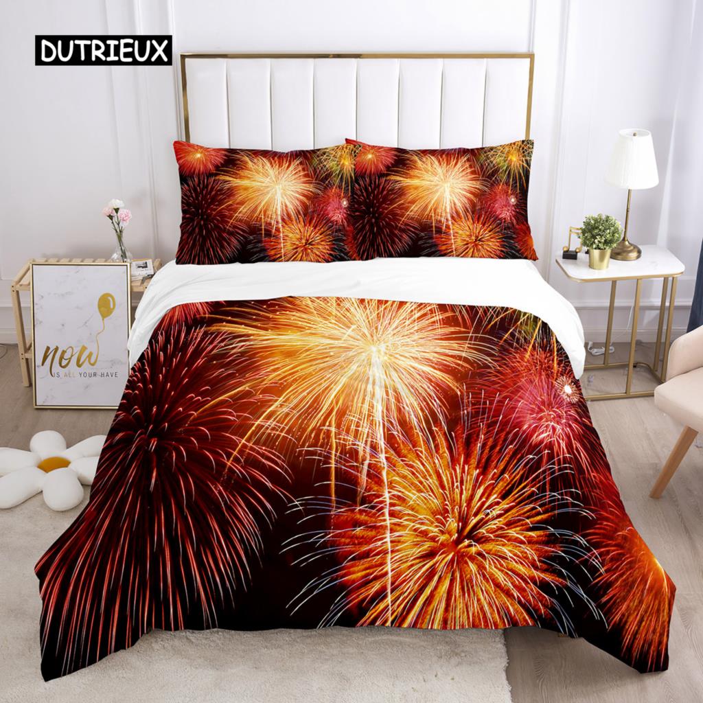 Firework Duvet Cover Set Queen Size Colourful Fires Bedding Set Microfiber Celebrate Merry Christmas Theme Soft Comforter Cover