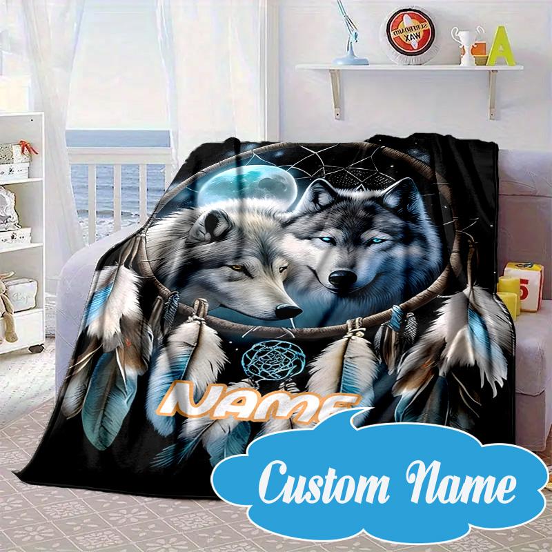 Custom Name Electric Wolf Spirit Blanket bed sofa Blanket Flannel Blanket for Camping, Hiking, Picnic Essentials,gift for Fan family