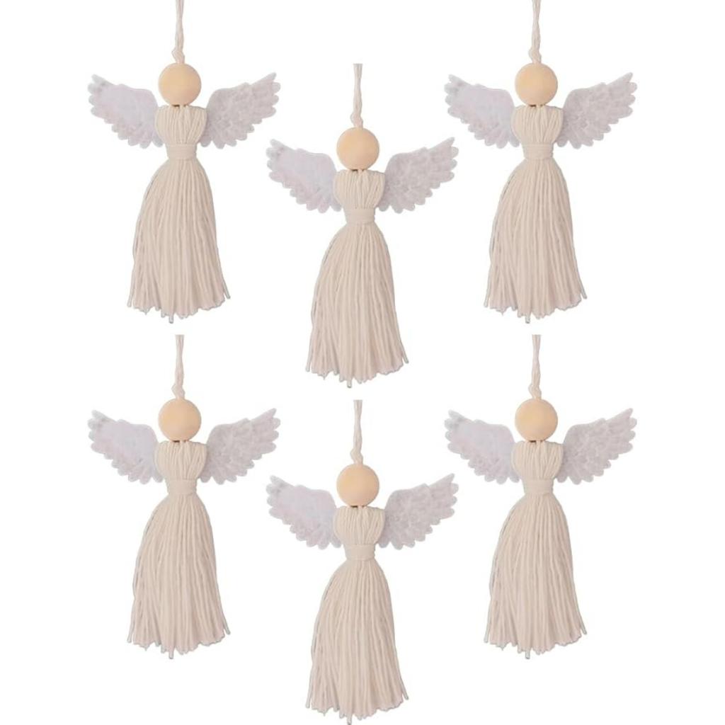 Set of 6 Angel Shape Hand Woven Pendant with Natural Wood Bead for Christmas Tree Party Hanging Ornament Home Decor Supplies