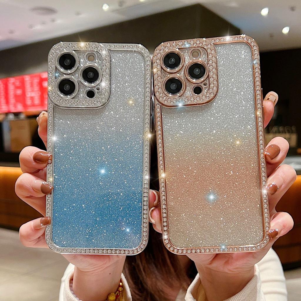For iPhone 16 Pro Case Glitter Phone Case Rhinestone Decor Electroplating Protective Cover