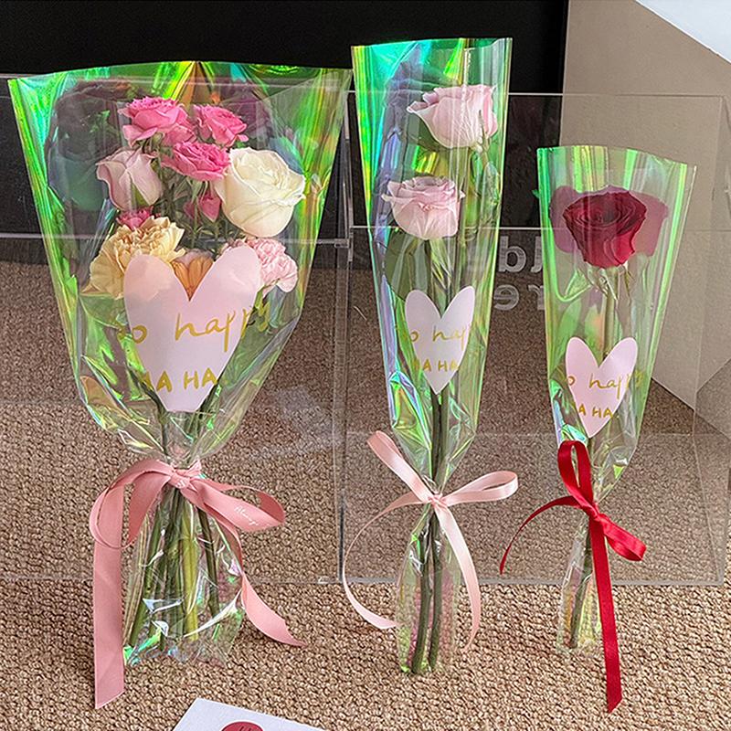 30PCS Love Heart Iridescent Single Rose Sleeves DIY Transparent Flower Wrapping Bag Floral Material Packaging Waterproof