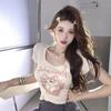 Cartoon Printed Square Neck Front Shoulder Short Sleeve T-Shirt Women's Pure Desire Sweet and Spicy Clavicle Slim Skinny Top