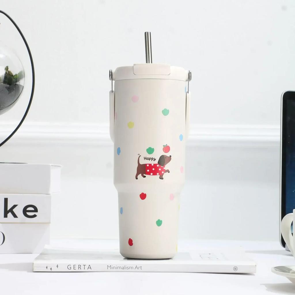 900ML 316 Stainless Steel Cute Insulated Tumbler Coffee Cup For Girls Thermo Bottle Travel Mug Vacuum Flask With Handle Straw