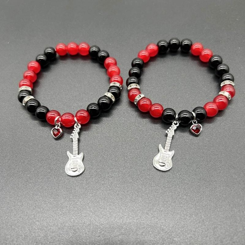 Black Red White Beaded Bracelets with Bat Cat Rose/Guitar Heart Pendant Wrist Chain Bracelet Unique Gifts for Couples
