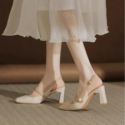 Fashion NEW Cow Leather Thick High Heels Spring Brand Maiden Shoes Square Toe Brand High Quality Women Shallow Pumps