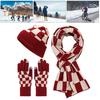 3 st/set Unisex Vintermössa Halsduk Handskar Set Förtjockad Varm Mössa Rutigt Tryck Elastiska Pekskärmshandskar Vindtät Vinter Utomhus Cykling Kupolhatt