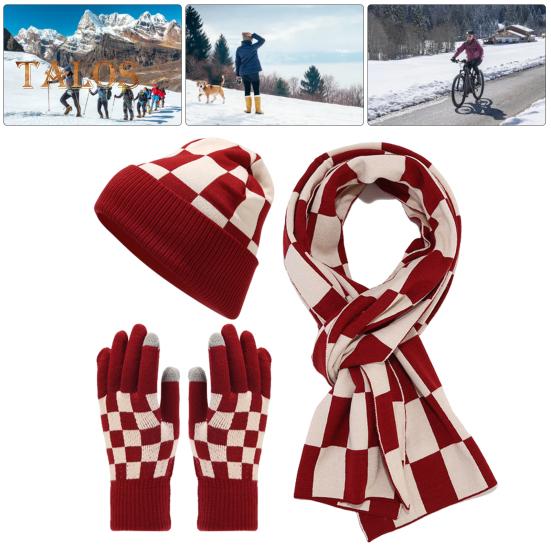 3 st/set Unisex Vintermössa Halsduk Handskar Set Förtjockad Varm Mössa Rutigt Tryck Elastiska Pekskärmshandskar Vindtät Vinter Utomhus Cykling Kupolhatt