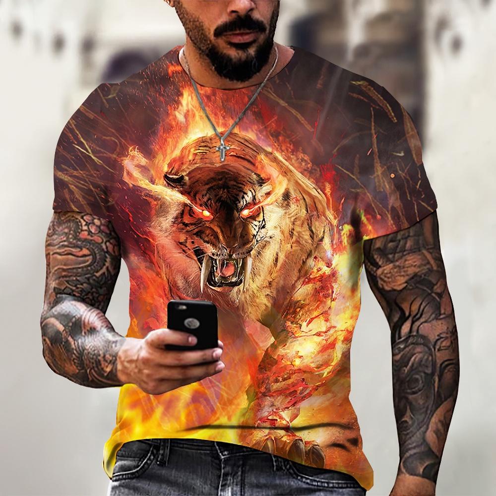 Herren Feuer Tiger Rundhals Tier Muster T-Shirt Weich Bequem Leichter Stretch Kurzarm Reguläre Passform für Pyjama Alltagskleidung