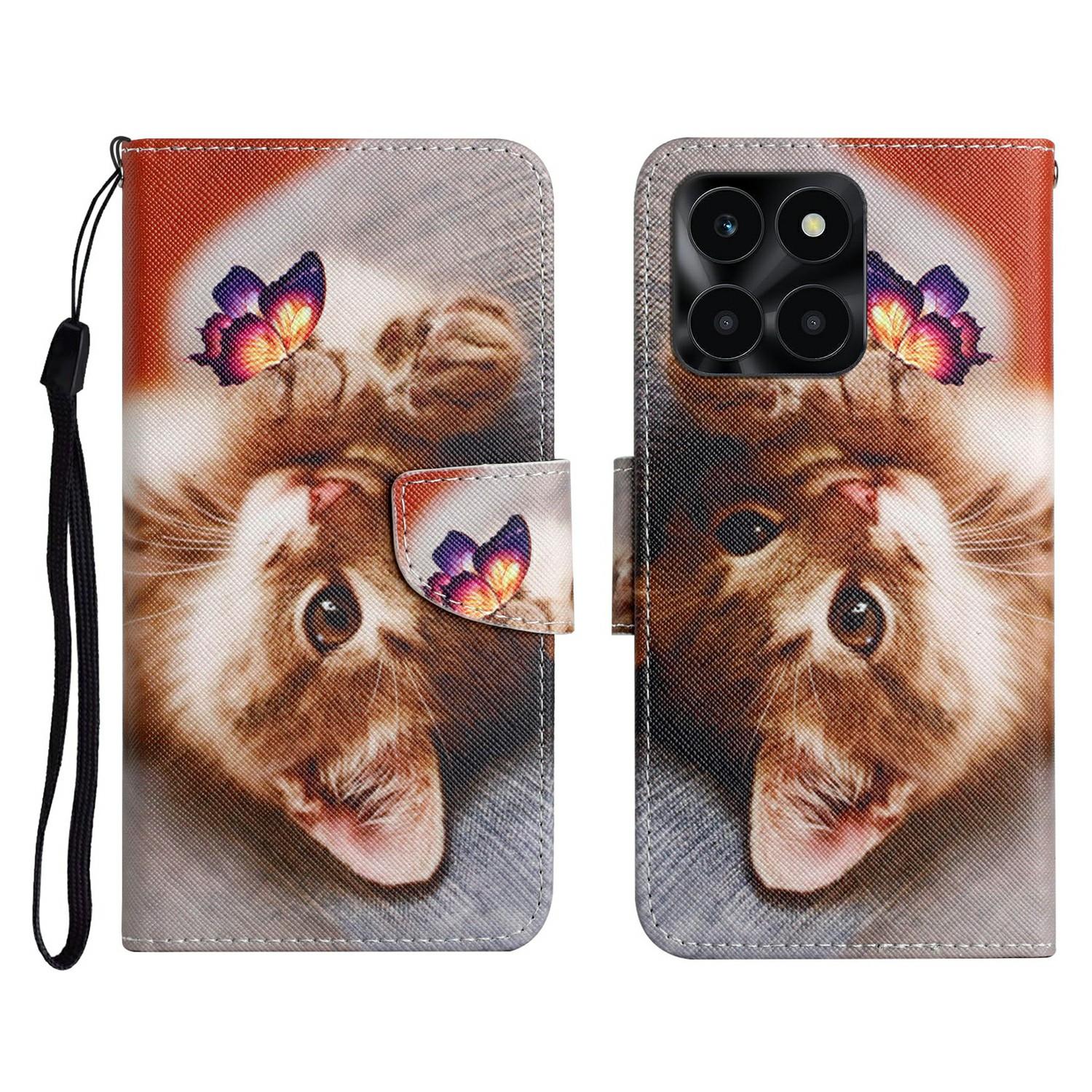 

Protective Case for Honor X6c 4G/X6b 4G/X6a 4G/X5b/X5b Plus Pattern Printing Leather Folio Phone Cover with Wrist Strap Butterfly Cat