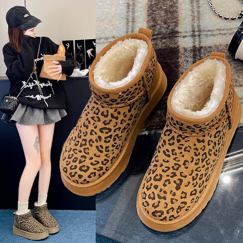Winter snow boots women's short tube thickened bread shoes velvet warm leopard print cotton boots