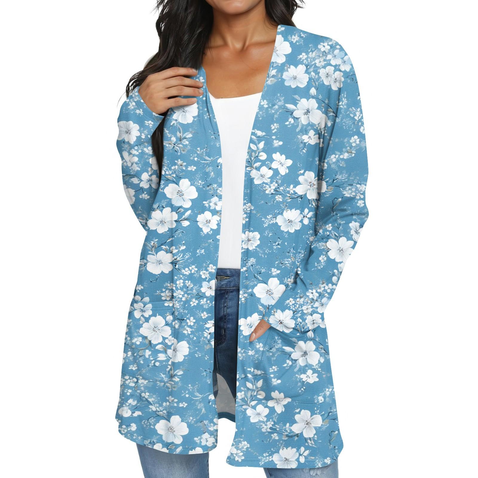 

Женская модная повседневная куртка-кардиган средней длины в стиле ретро с цветочным принтом XL небесно-голубой
