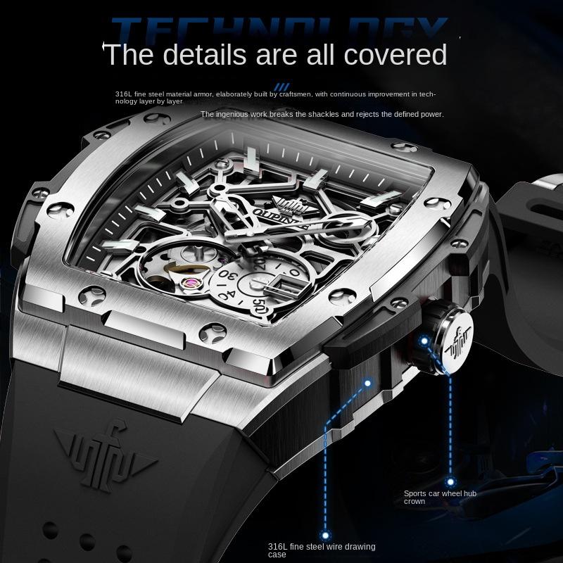 OUPINKE Hollow Barrel Mekanik Saat Moda Silikon Su Geçirmez Erkek Saati Erkek Saati