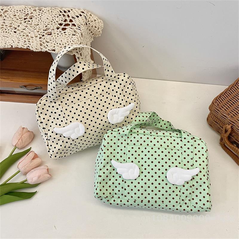Organisateur de Toilette Grand Modèle Style Ins à Pois avec Ailes, Pochette Cosmétique de Voyage Sac à Maquillage avec Poignées, Trousse de Douche Portable