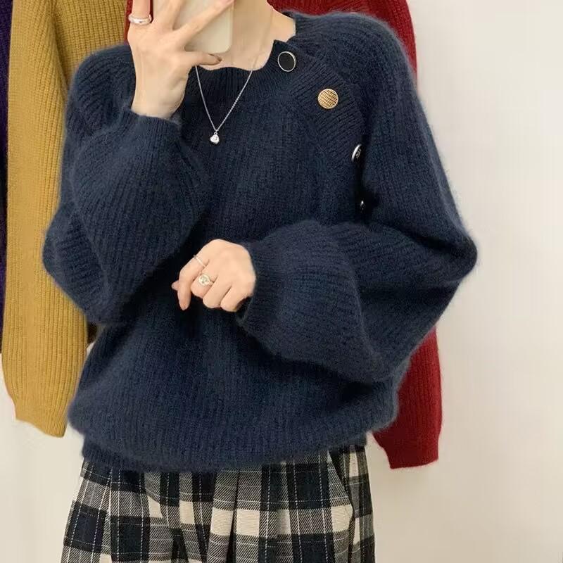 

Винтажные топы, осенний трикотажный свитер с рукавами-фонариками, женский однотонный свободный зимний свитер, женские свитера, модные офисные женские повседневные трикотажные пуловеры 28219 L тёмно-синий