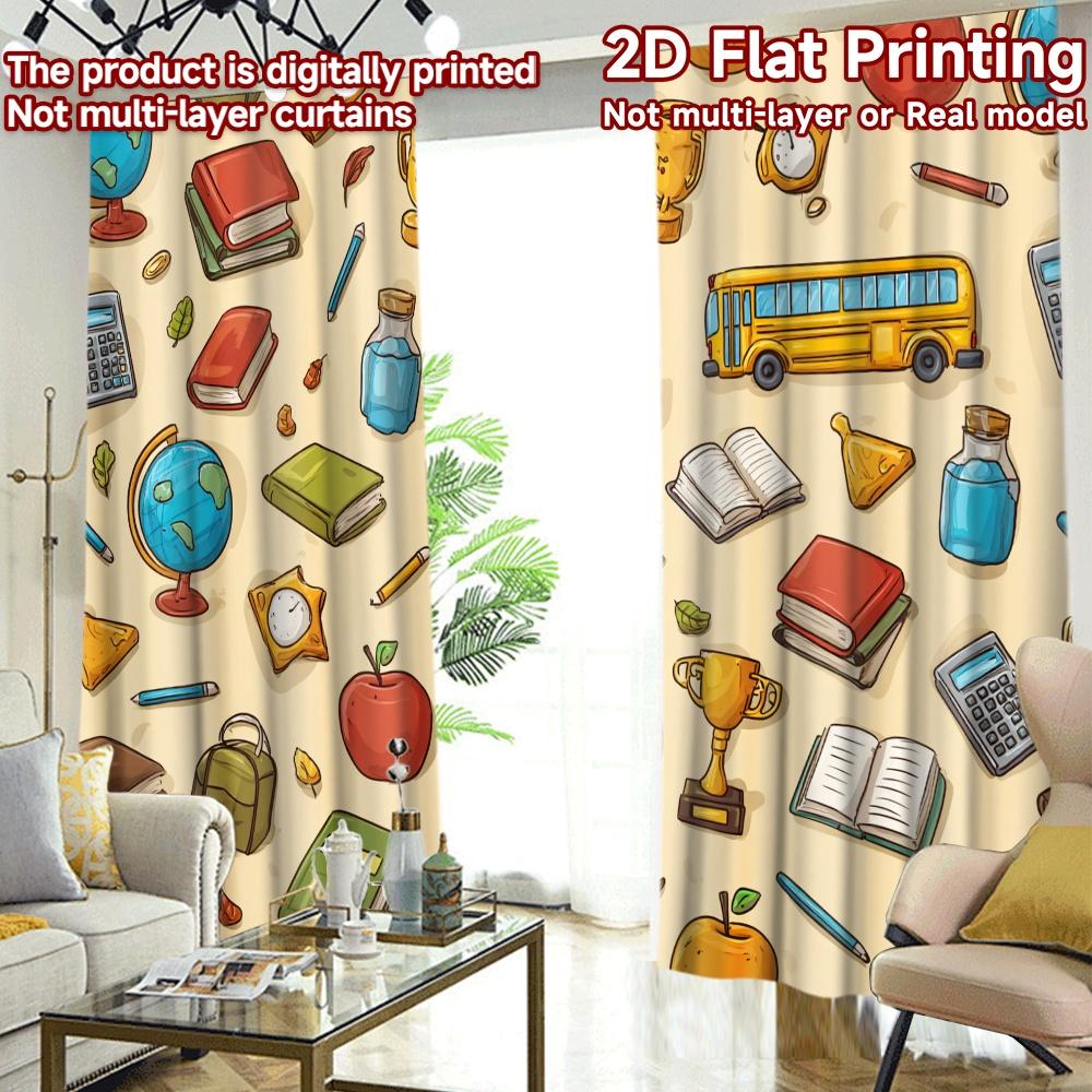 2D Flat Printing,2pcs Back to School Illustrations Print Chic Curta Versatile 100% Polyester Curta Decorations Perfect for
