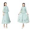 Women's Ethnic Zen Tea Art Embroidered Dress - Vintage Pan Buckle Top with Midi Skirt and Seven-Sleeve Design for Spring/Summer