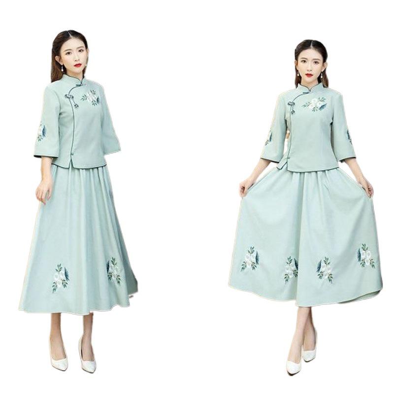 Women's Ethnic Zen Tea Art Embroidered Dress - Vintage Pan Buckle Top with Midi Skirt and Seven-Sleeve Design for Spring/Summer