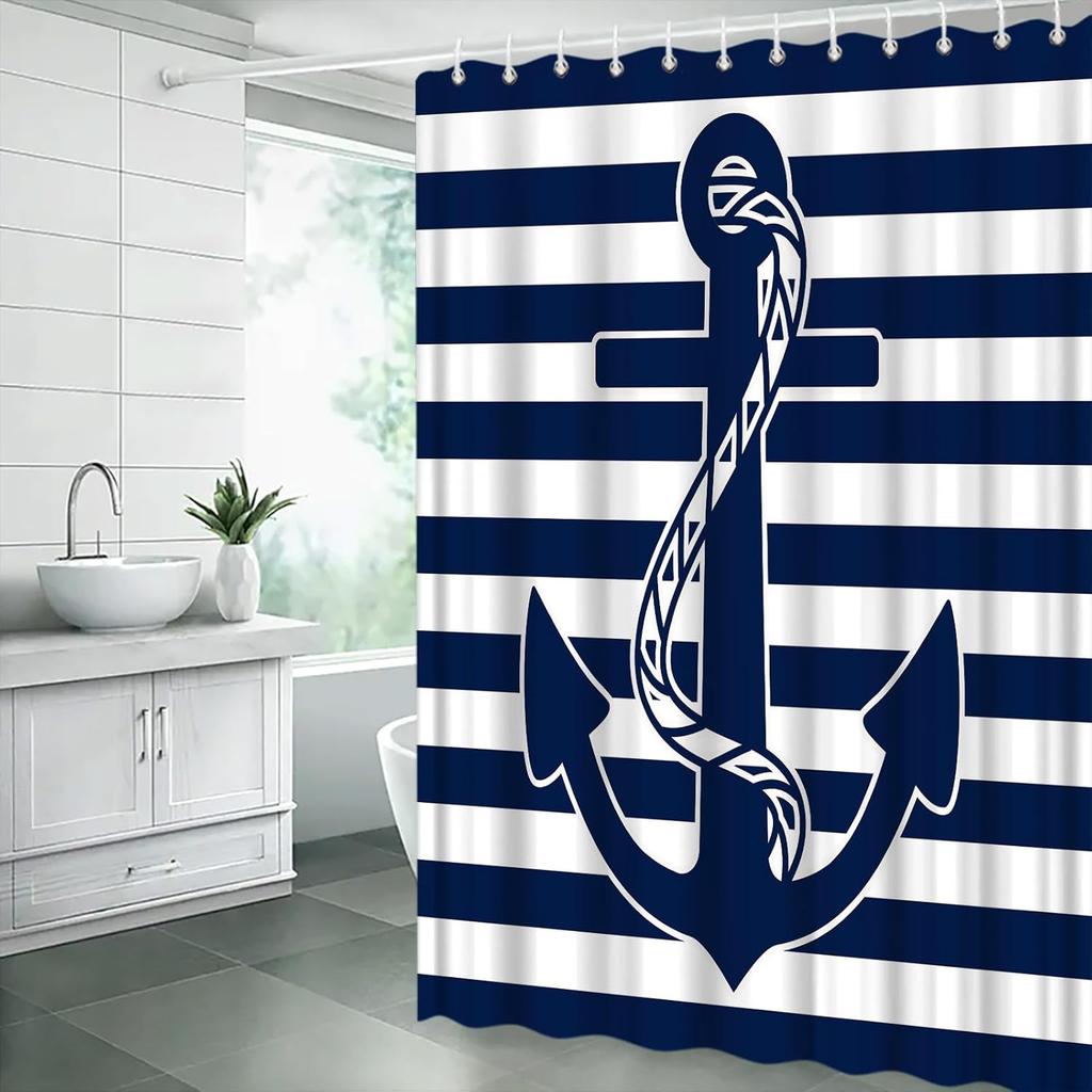 Nautical Anchor Shower Curtain Blue Anchor Navy Blue White Stripes Nautical Theme Ocean Lovers Modern Fabric Bathroom Decor Curtains with Hooks 70W