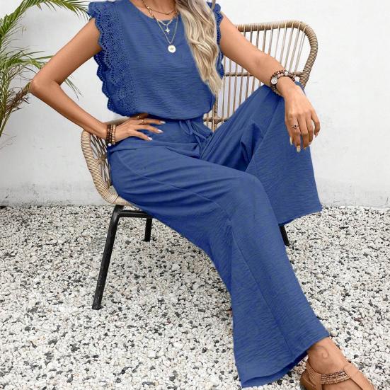 Women's Summer 2 Piece Outfit Hollow Lace Trim Sleeveless Tank Top And Wide Leg Pants Set Beach Travel Tracksuit Casual Lounge Set