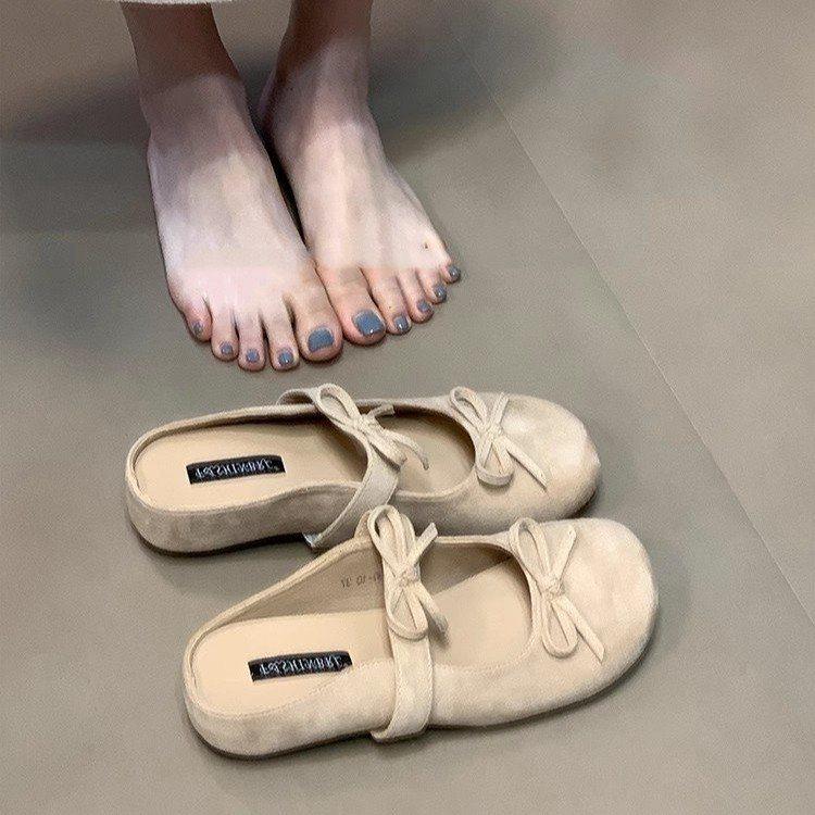 Bow 2025 bag head half slippers femininity Mary Jane shoes shallow mouth flat bottom summer new inner height increase round head