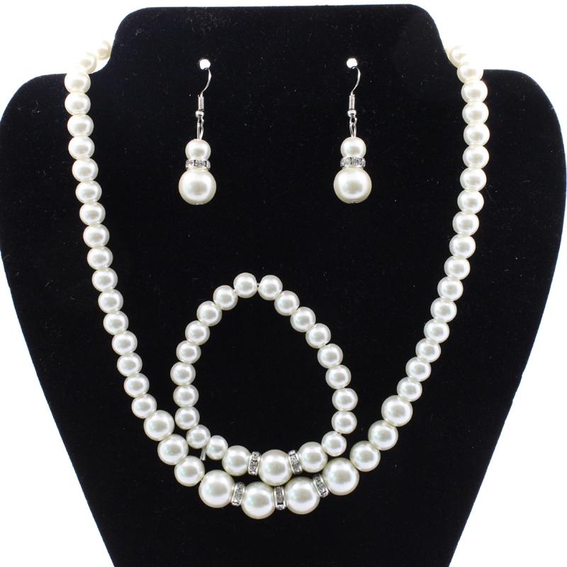 Fashion Pearl Beaded Chain Drop Earrings Women White Faux Pearl Necklace Bracelet Jewelry Set Gift for Sisters Friends