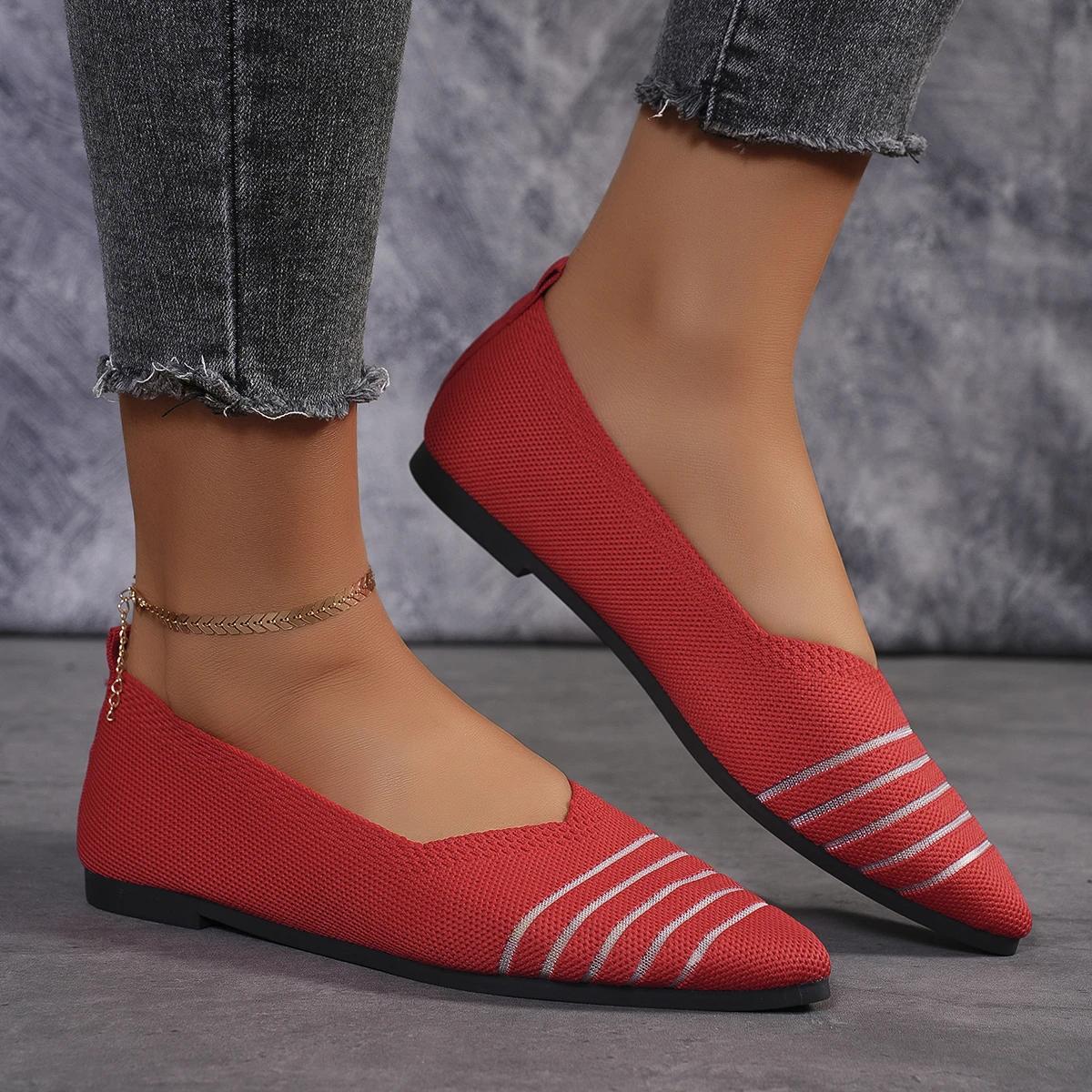 

Мода Новая Мода Острый Носок Плоские Офисные Лодочки Однотонные Вязаные Слипоны Повседневные Балетки Обувь Женские Лоферы Zapatos Mujer 43 красный