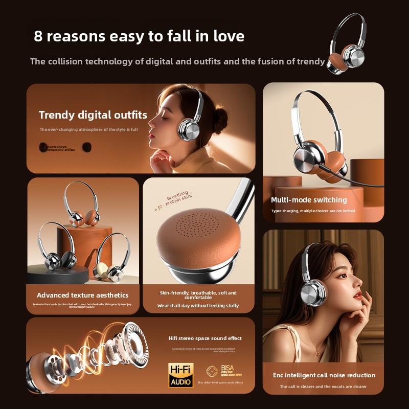 Retro Fashion Maillard Metal Bluetooth Headset 5.4 Headset Long Battery Life