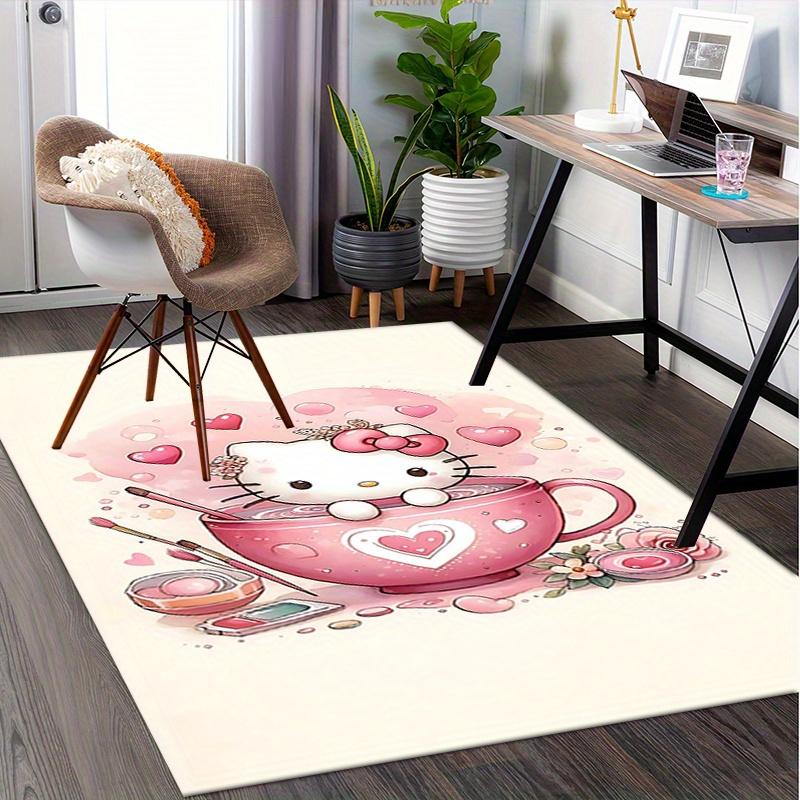 Office Rug Hello Kitty, Tea Cup Anti-Slip Rug, Machine Washable for Living Room, Bedroom, Office, Multiple Sizes, Bedroom Mat, Decorative Mat, Durable
