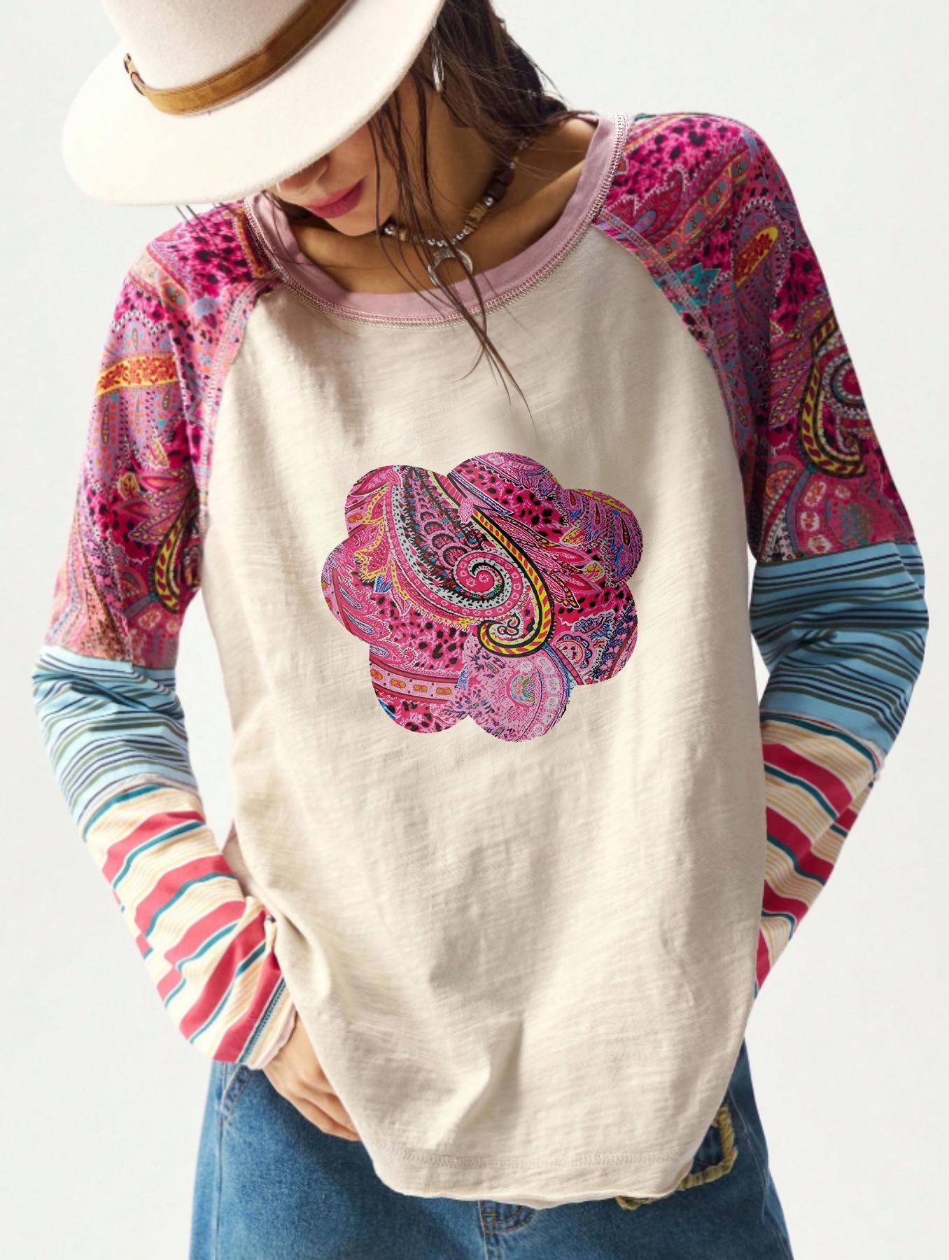 

Женская футболка с длинным рукавом, круглым вырезом, цветовыми блоками, для праздников, 2026 1XL розовый