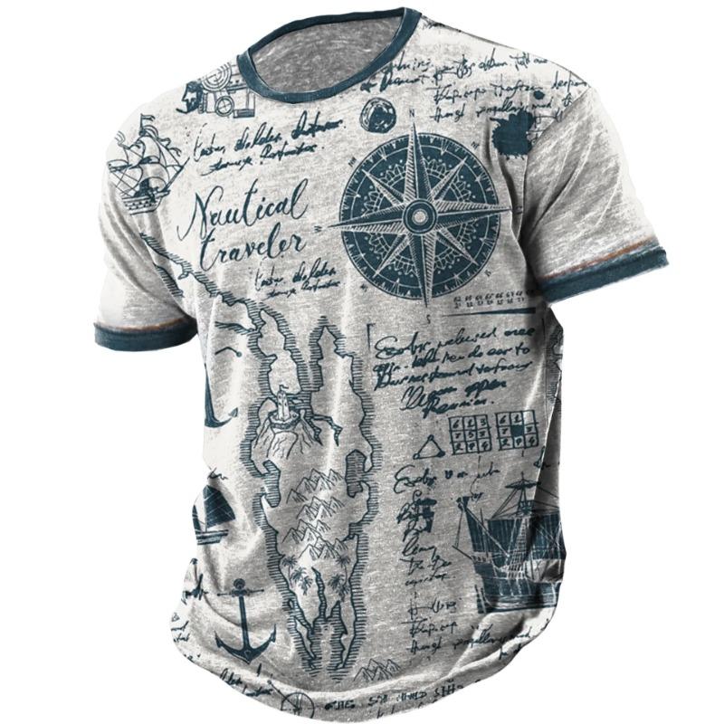 Vintage Compass T-Shirt for Men 3d Navigation Printed T Shirts Street Hip Hop Tops Short Sleeve Tees Shirt Men Clothes Shirt