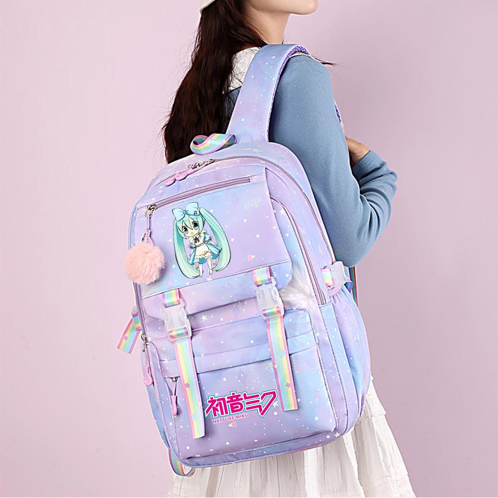 2 st/set Söt Hatsune Miku-tryckt Ryggsäck med 750 ml Vattenflaska för Tonårsflicka Pojke Skolväska Stor Kapacitet Vattentät Resväska Gåva