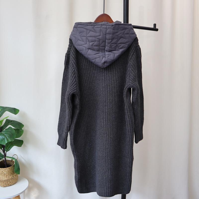 Thickened hooded splicing cotton clothes hat knitted cardigan autumn and winter new long knee loose sweater jacket women