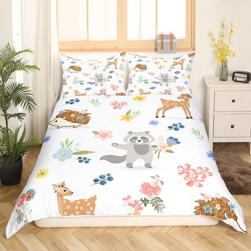 Waschbär Bettwäsche-Set für Jungen Kinder Mädchen Niedlicher Cartoon Wildtiere Bettbezug Liebevolle Tiere Bettdeckenbezug Polyester Steppdeckenbezug