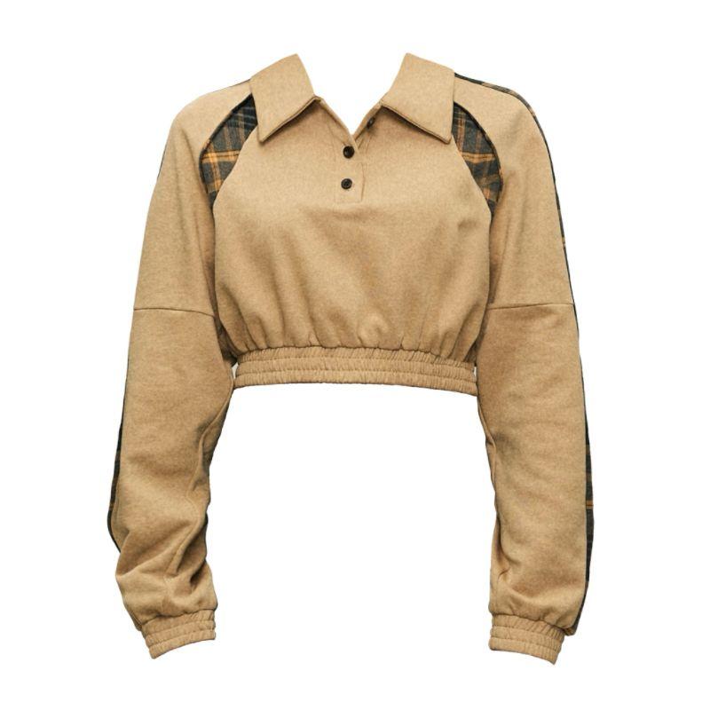 

Amee American Style Casual Loose Pullover Top Lapel Elastic Short Sweatshirt Sexy Crop Top Plaid Patchwork [Overdid] Turmeric check L