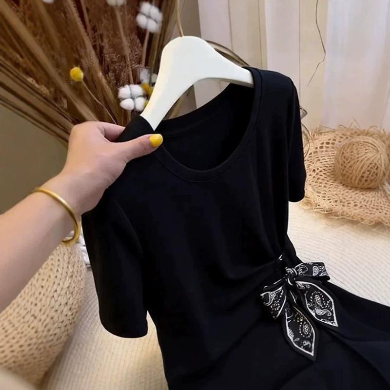 New fashion irregular waist lace-up short-sleeved T-shirt women's summer large size unique beautiful top