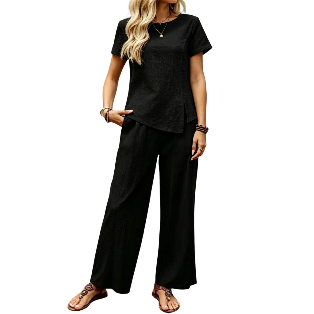 Women's Casual Two Piece Set Loose Fit Pullover Short Sleeve Top and Wide Leg Pants Lounge Wear Set for Daily Use