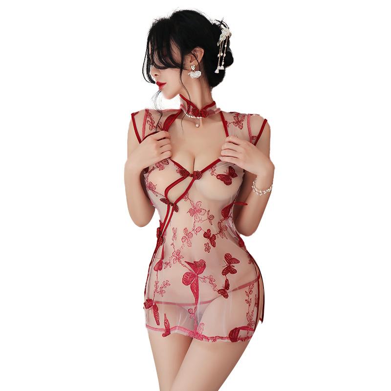 Sexy lingerie sexy perspective nightgown seduction retro hollow embroidered cheongsam uniform seduction
