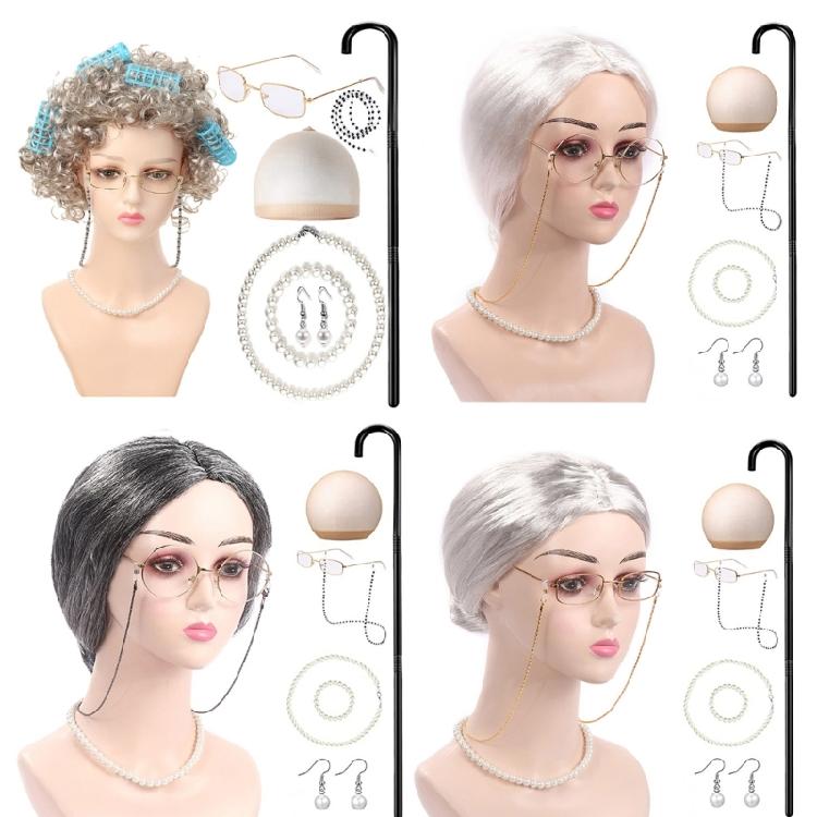 Halloween Grandma Costume Set Old Lady Wig and Granny Glasses Props for Kid Girl