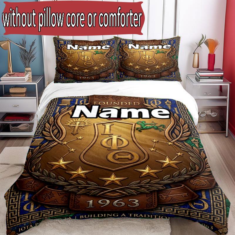 3pcs Duvet Cover Set (1*Duvet Cover + 2*Pillowcase, Without Core), Custom Name Iota Phi Theta Pattern Bedding Set, Home Bedroom Decor Gift