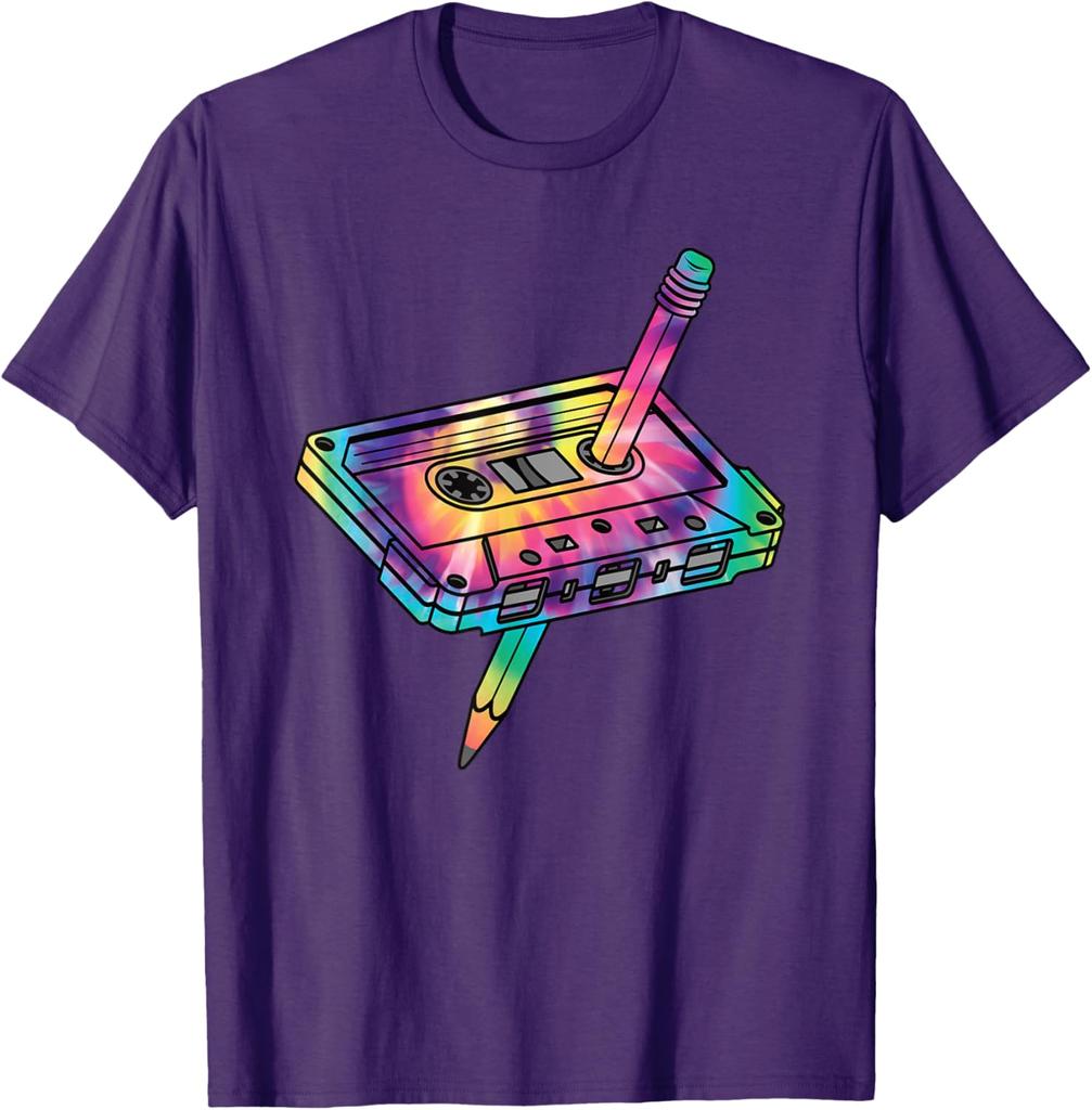 Retro Cassette Tape Tie Dye Graphic Tee 80s 90s Music Lover Casual Cotton T-Shirt