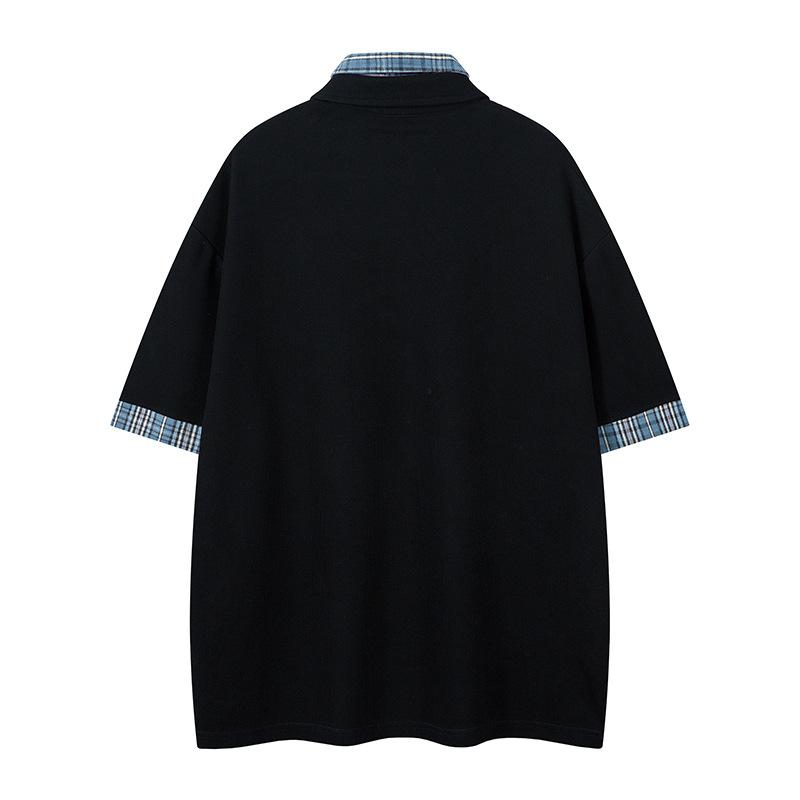 [Clothing Life] Fake two-piece plaid splicing lapel short-sleeved T-shirt men's and women's design sense niche loose half-sleeves