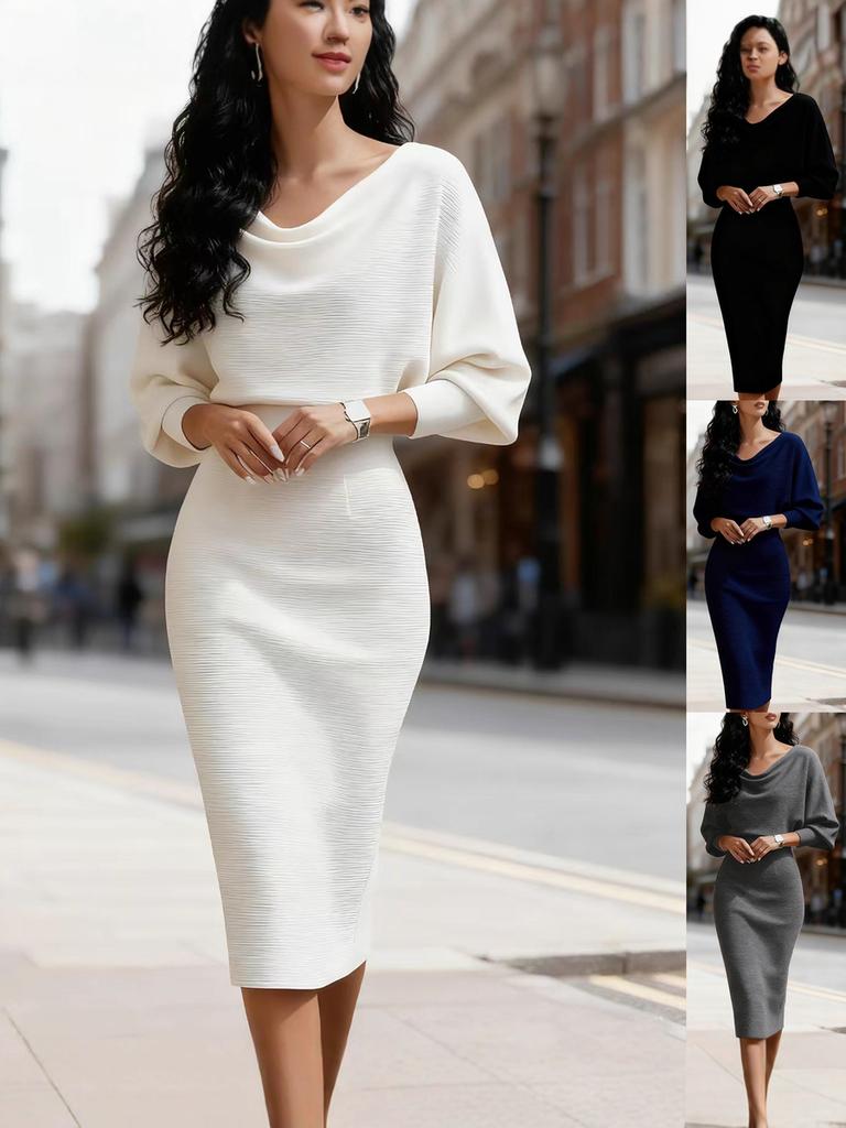 Neues Herbst-Winter Rundhals Langarm Slim Fit Bodycon Kleid für Damen