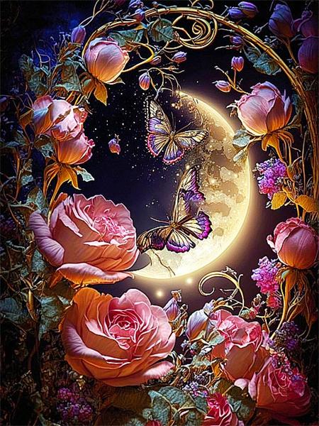 Full Square Round Diamond Painting New Moon Flower Decor Home Embroidery Mosaic Fantasy Butterfly Landscape Home Decor